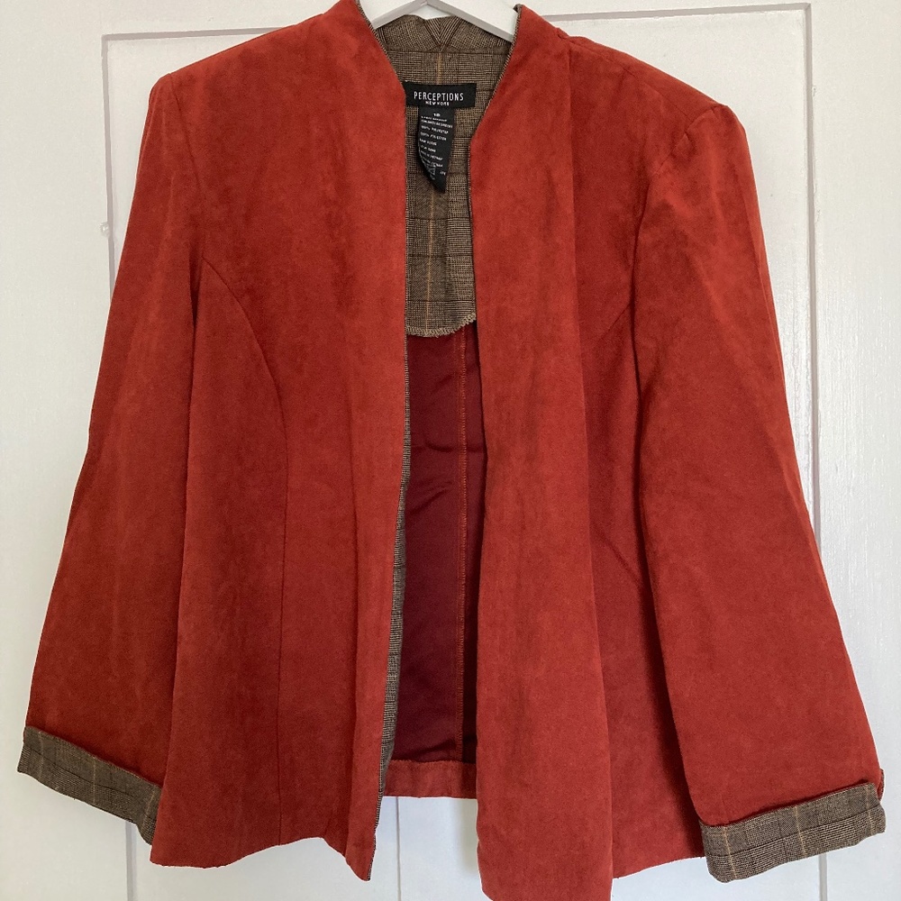 Perceptions of New York Womens Blazer 18 Orange, Brown Trim Long Sleeve Open
